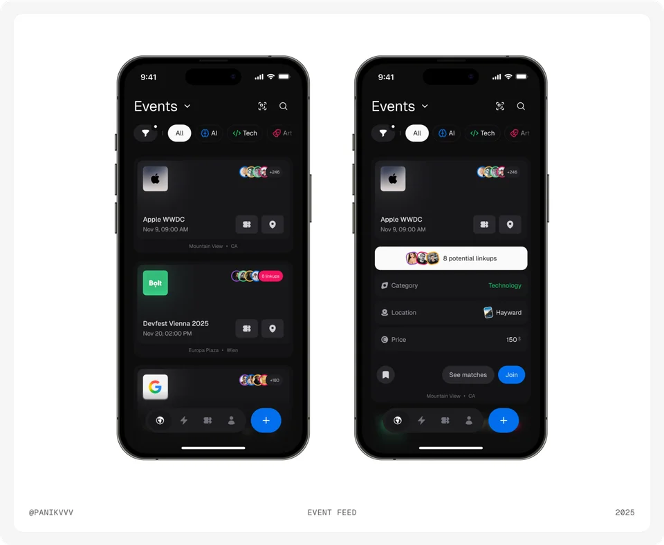 Smartphones displaying event lists